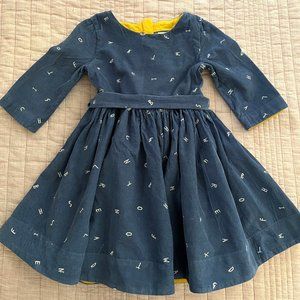 Mini Boden x Roald Dahl Matilda Corduroy Alphabet Dress in Blue, Size 4-5